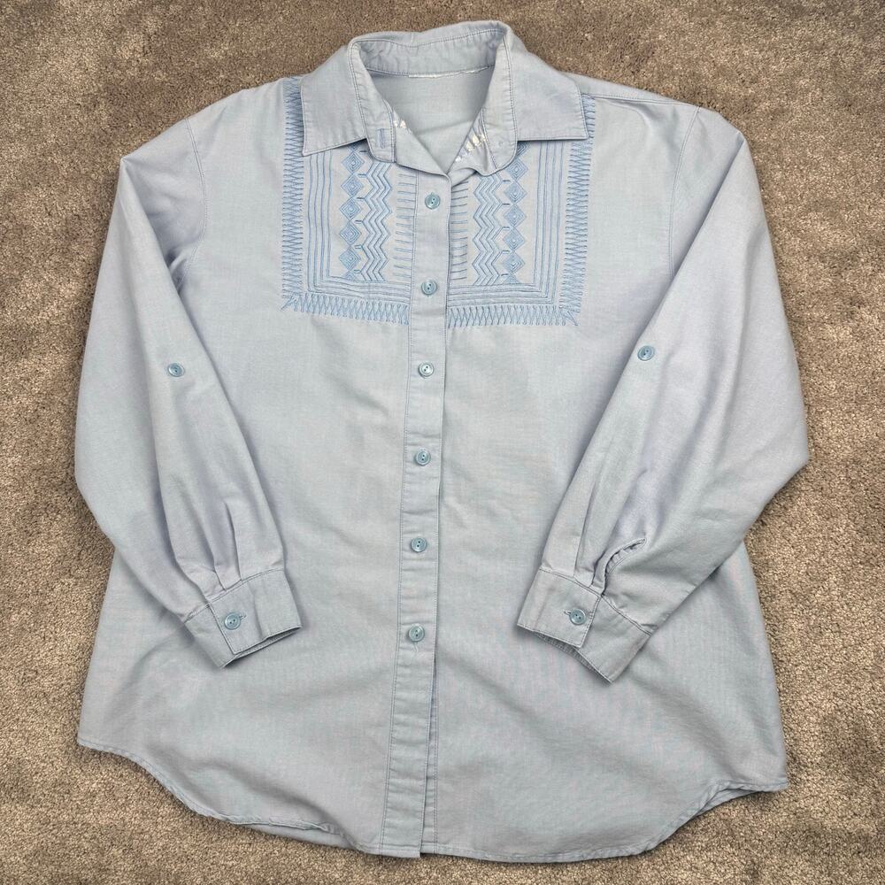 Vintage Light Blue Chambray Embroidered Yoke Western Shirt Size L Boho Snap